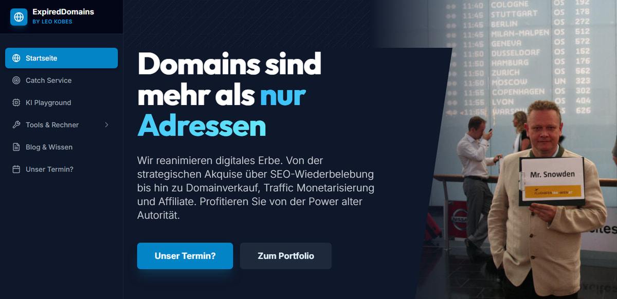Oberer Bereich der Startseite von expireddomains.eu mit der Suche nach auslaufenden Domains