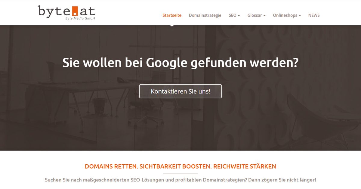 Startseite von byte.at: Logo der Byte Media GmbH, Navigation und der Aufmacher „Sie wollen bei Google gefunden werden?“