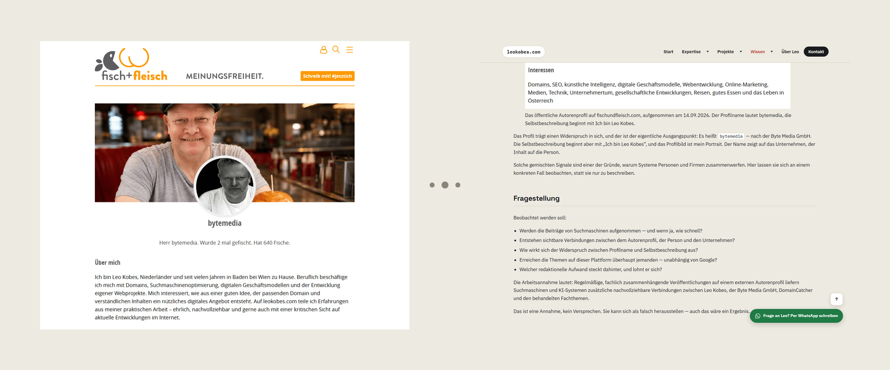Zwei Seitenausschnitte nebeneinander: links das Autorenprofil bytemedia auf fisch+fleisch, rechts die Fallstudie auf leokobes.com