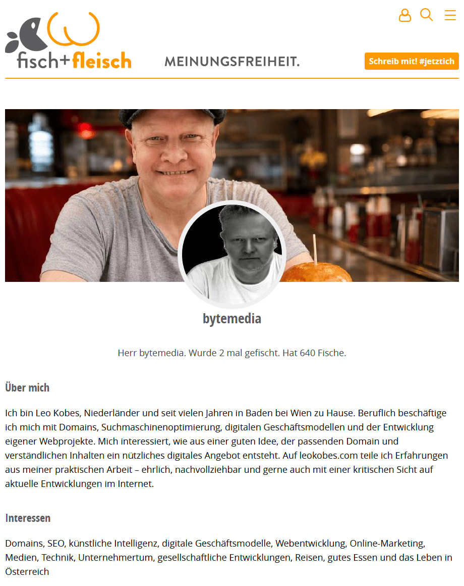 Profilseite bytemedia auf fisch+fleisch: Der Profilname nennt das Unternehmen, die Selbstbeschreibung beginnt mit Ich bin Leo Kobes