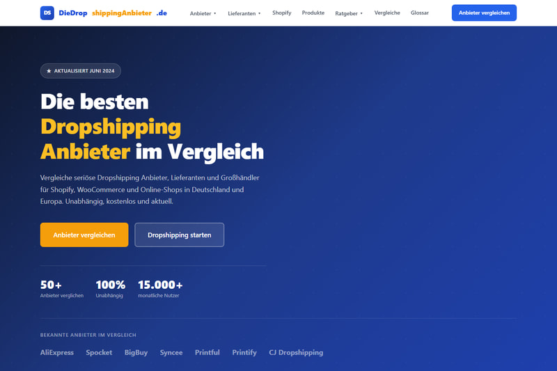 Startseite des Vergleichsportals diedropshippinganbieter.de