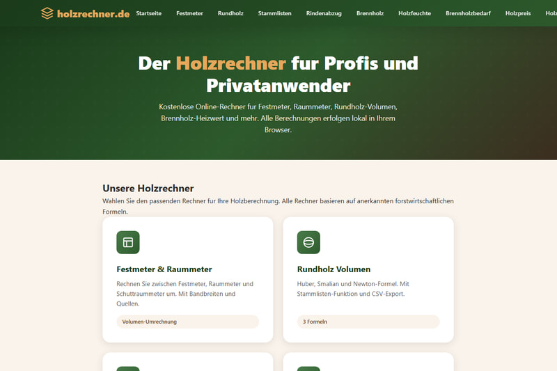 Startseite von Holzrechner.de mit dem Rechner-Werkzeug