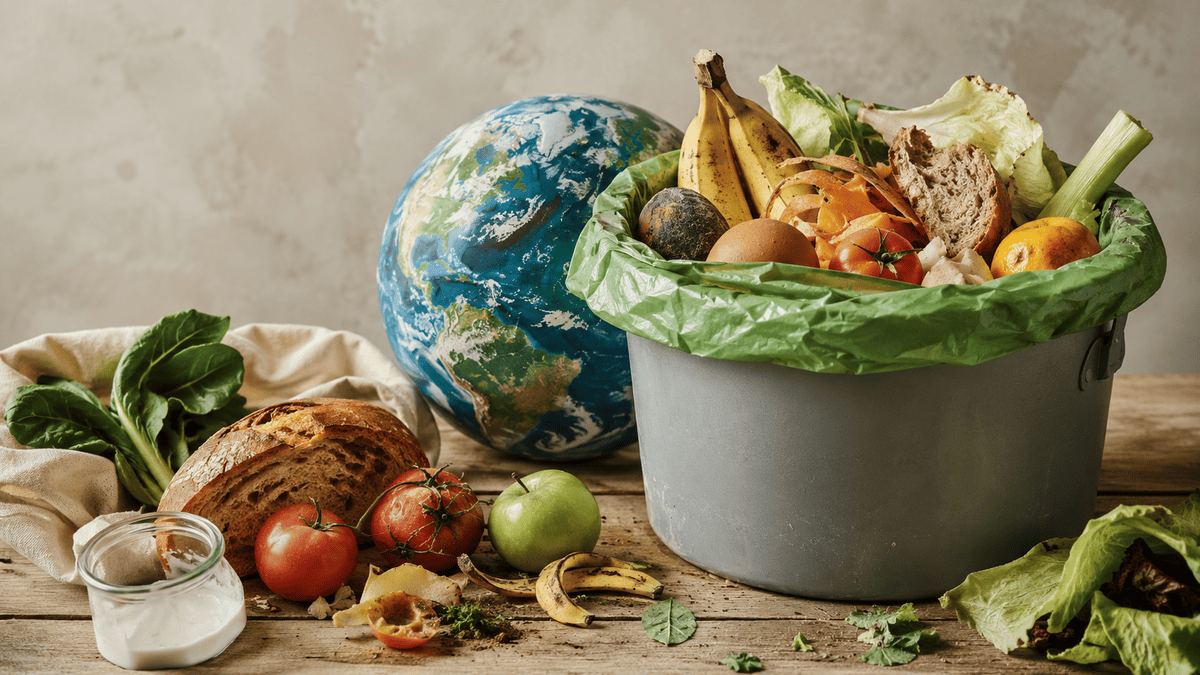 Lebensmittelverschwendung mit Brot, Obst, Gemüse und Weltkugel